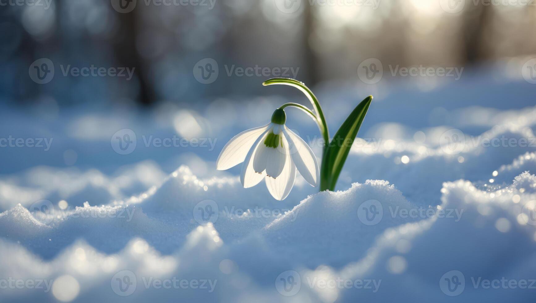 Snowdrop Blooming in Winter Snow Under Sunlight, Symbol of Spring photo