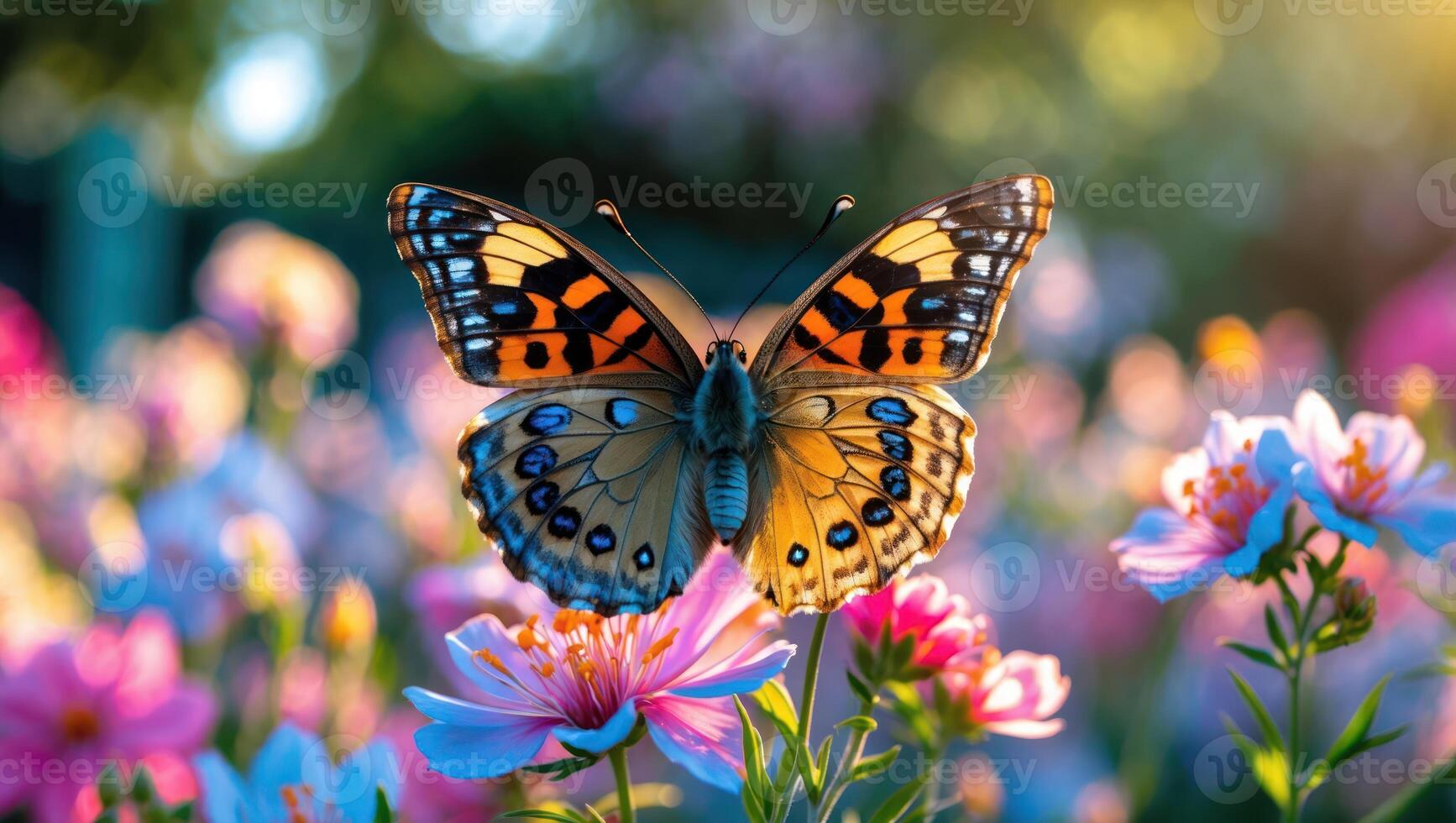 Butterfly Resting on Flower in Sunlit Colorful Garden Setting photo