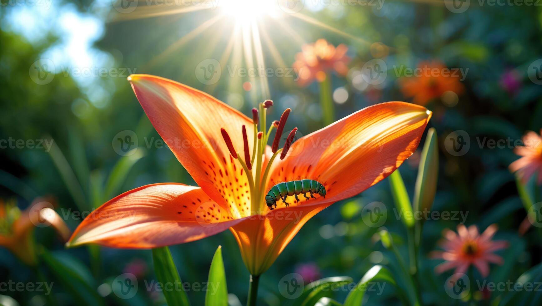 Caterpillar on Orange Lily Flower with Sunlight Bursting Through Garden photo