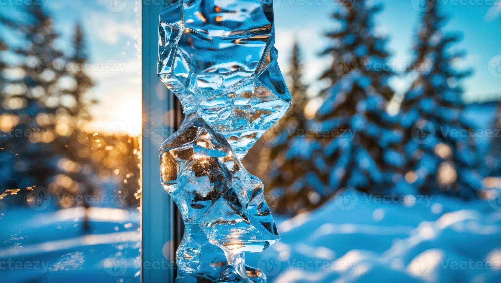 Frozen Icicle Sparkling in Winter Sunlight on Window Frame Outdoors photo