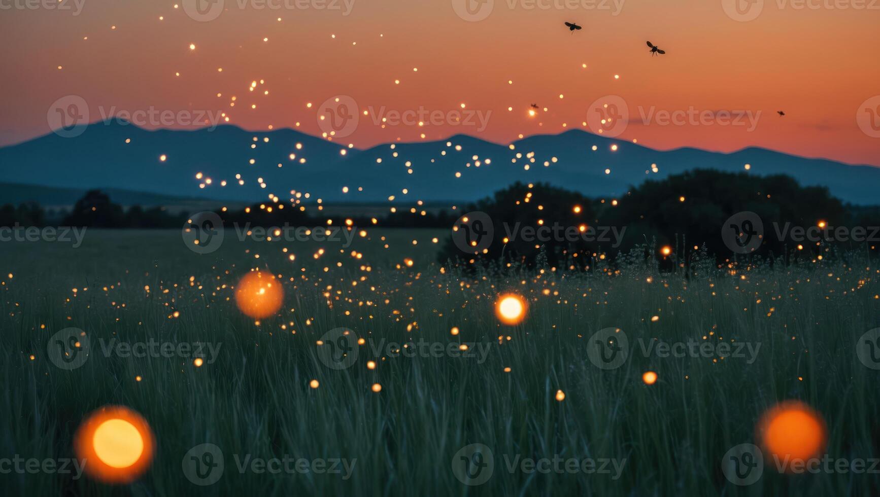 Glow Bugs Over Field at Sunset with Distant Mountain View photo