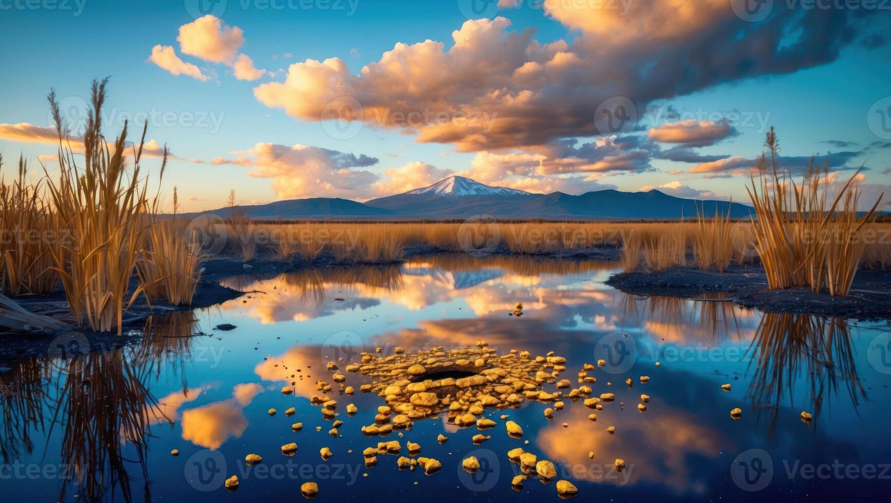 Calm Lake Reflection with Mountain View and Golden Light Clouds photo