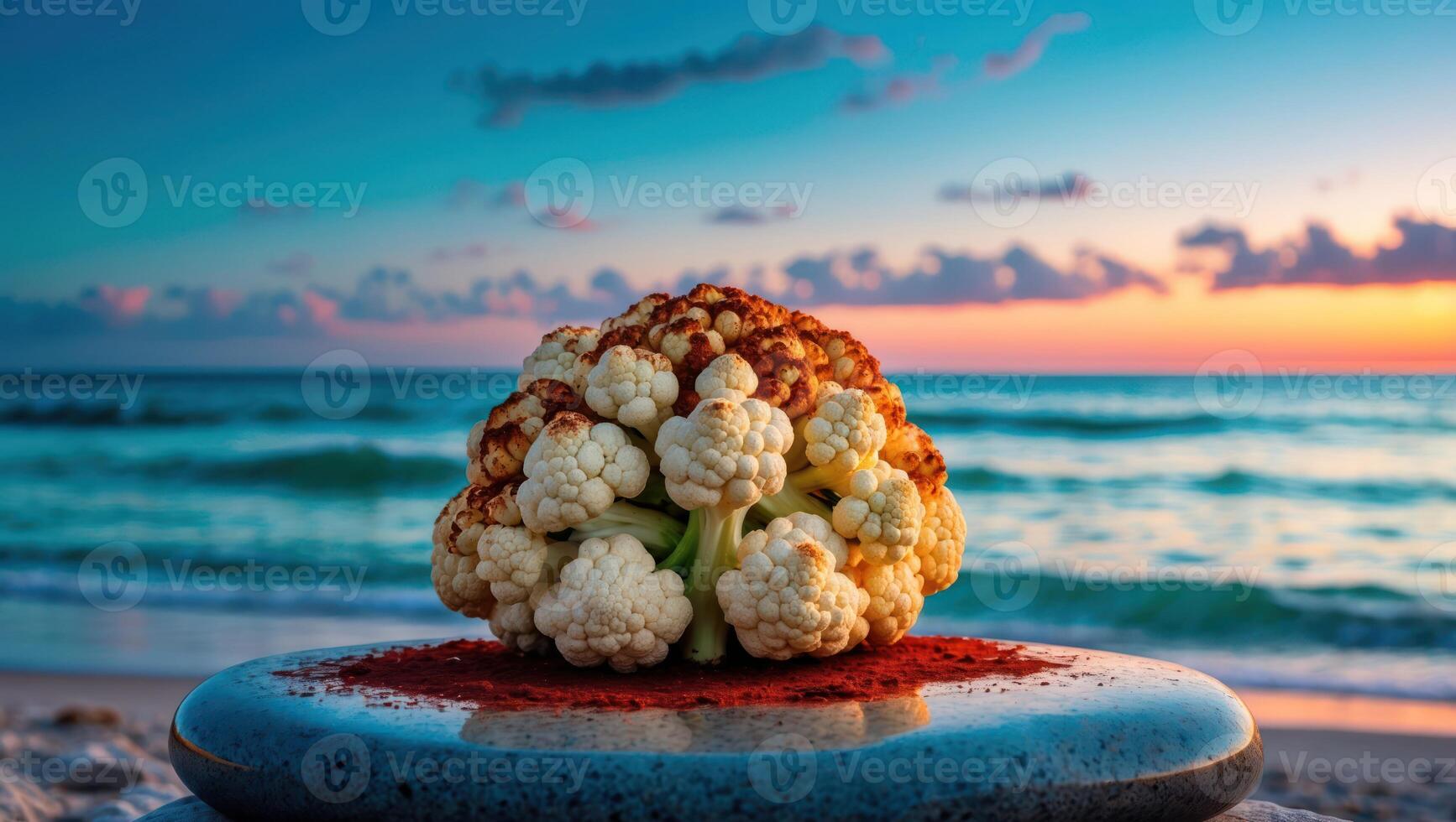 Cauliflower Resting on a Beach Stone with Ocean Sunset Backdrop photo