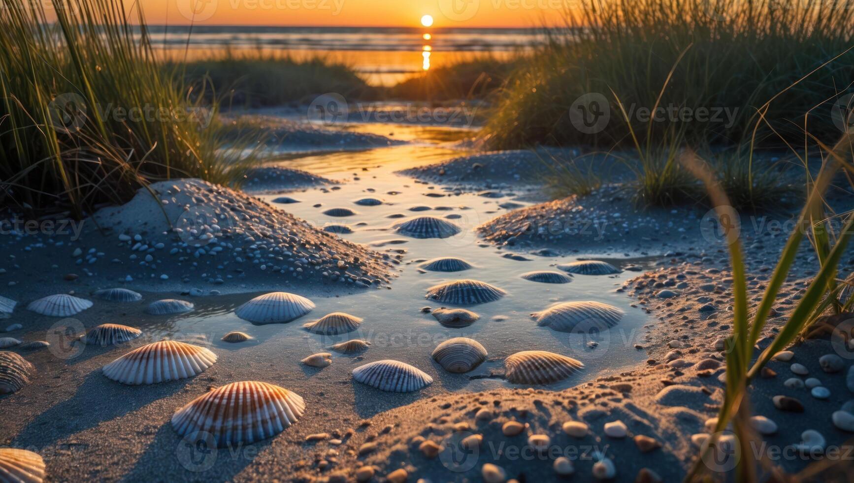 Seashells Scattered on Sandy Beach During Sunset with Water Reflection photo