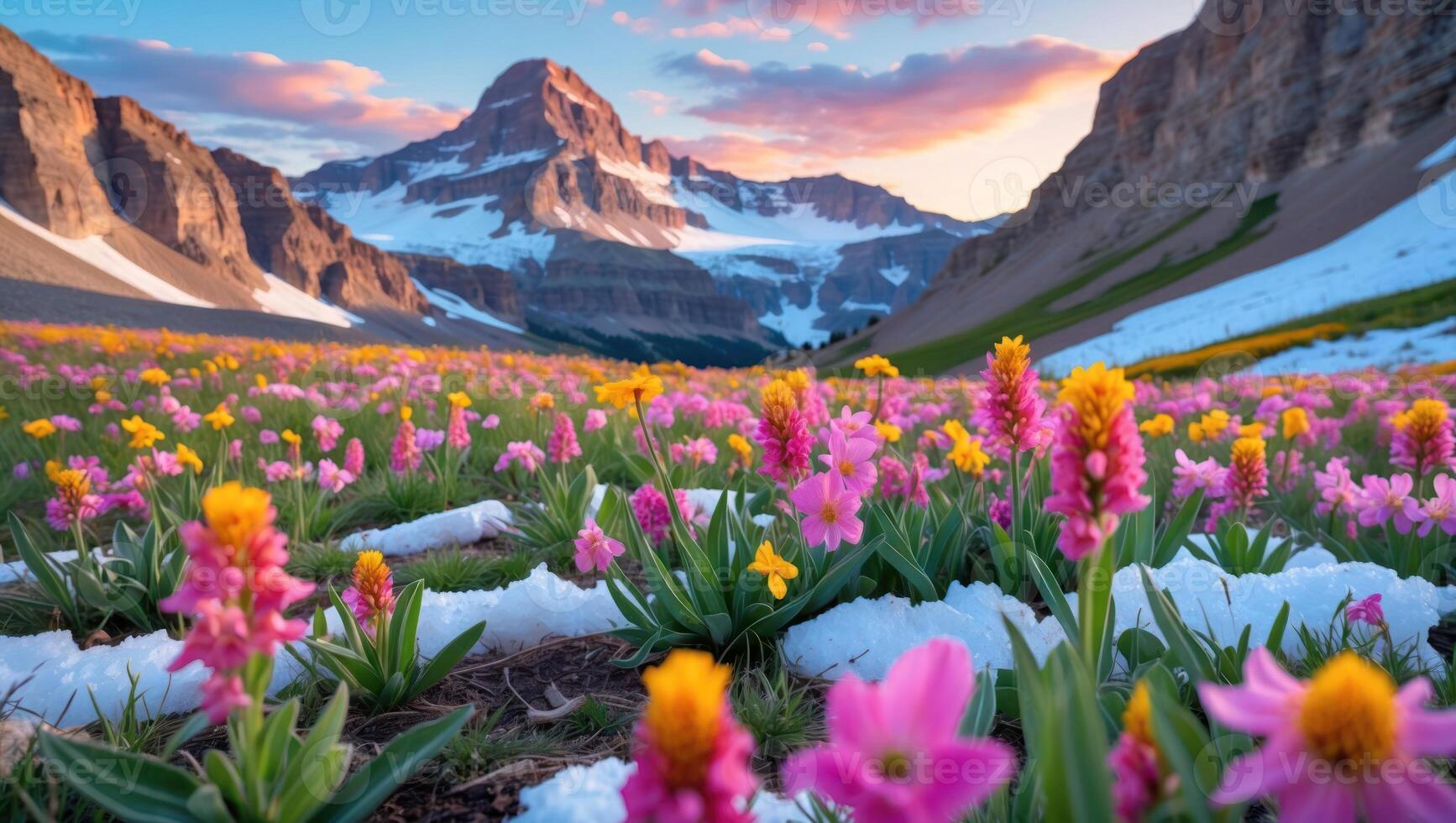 Blooming Mountain Meadow Flowers with Snowy Peaks and Sunset Sky photo