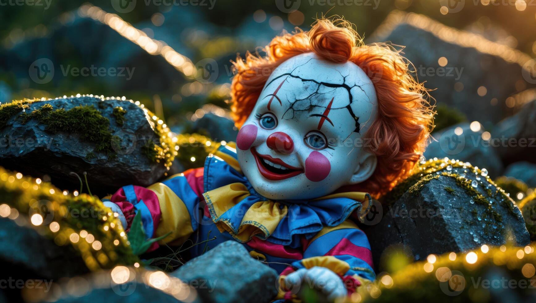 Creepy Clown Doll Smiling Among Rocks and String Lights Outdoors photo