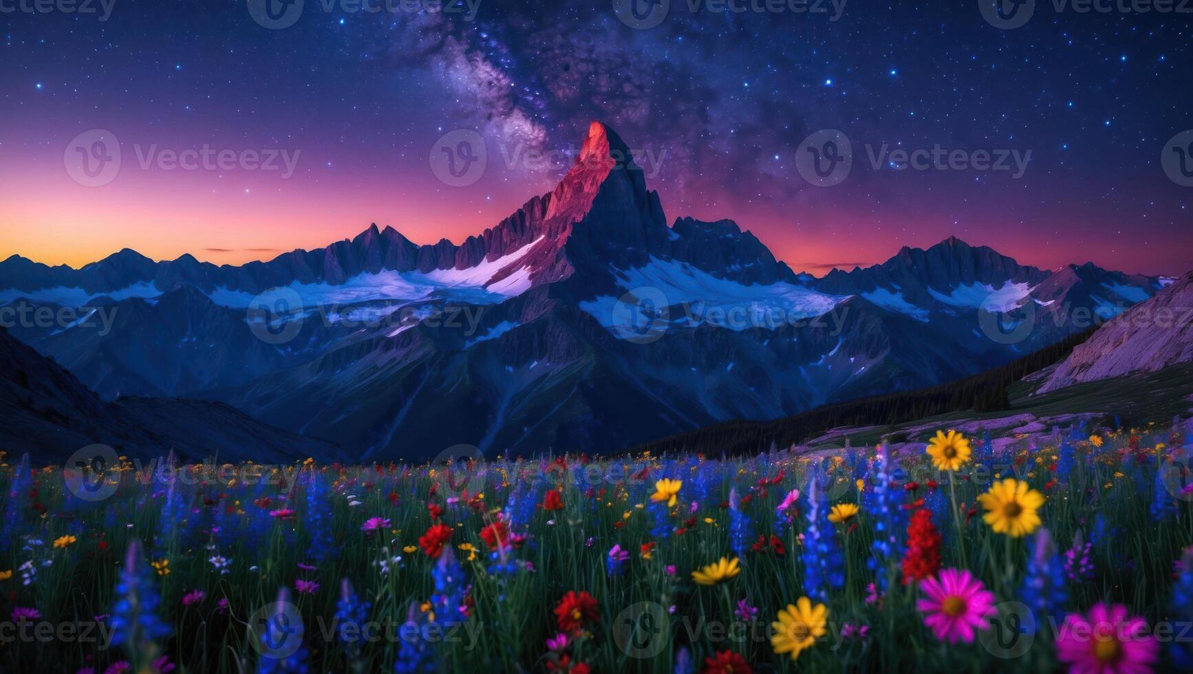 Majestic Mountain Peak Under Starry Night Sky with Wildflowers photo