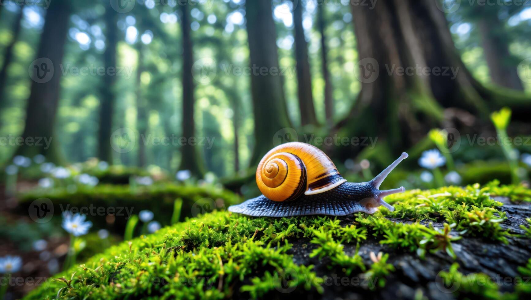 Snail Crawling on Mossy Log in Forest with Soft Light photo