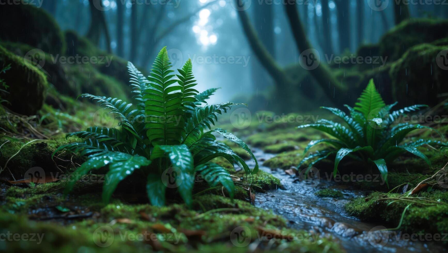 Lush Ferns Grow Beside Flowing Stream in a Misty Forest photo