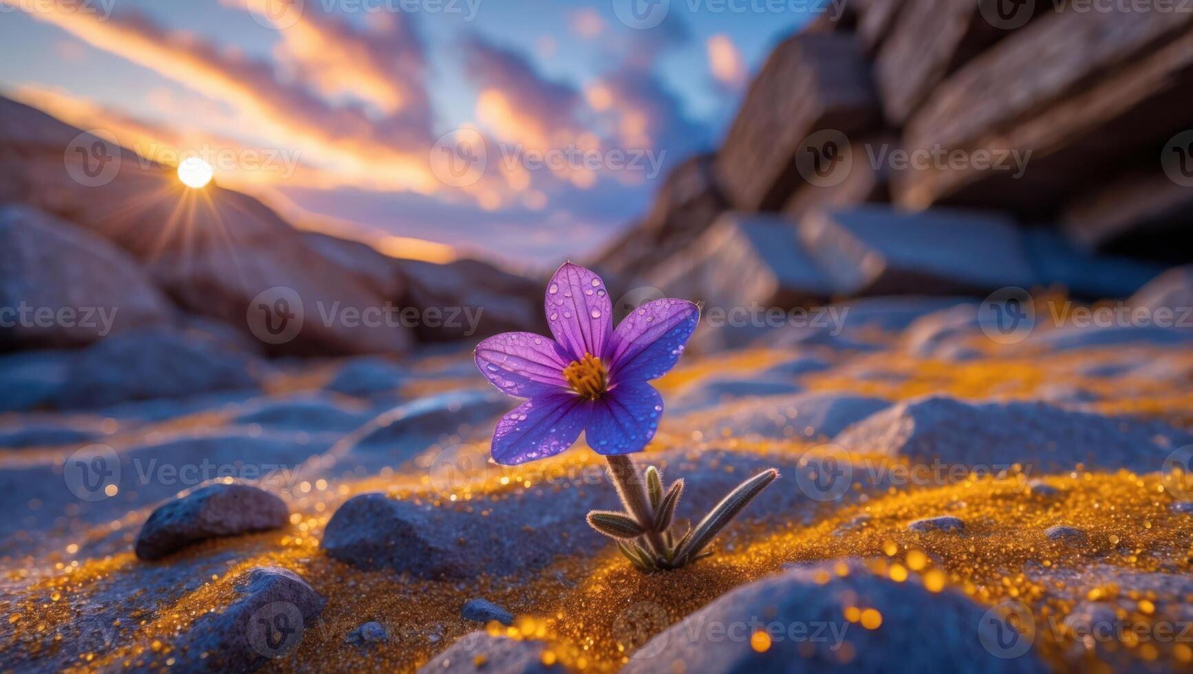 Single Flower Blossom Against a Rocky Landscape at Sunset with Water Drops photo