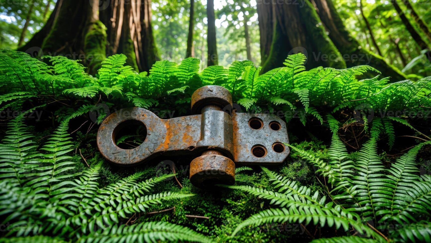 Rusty Metal Object Resting Among Ferns in a Lush Forest photo