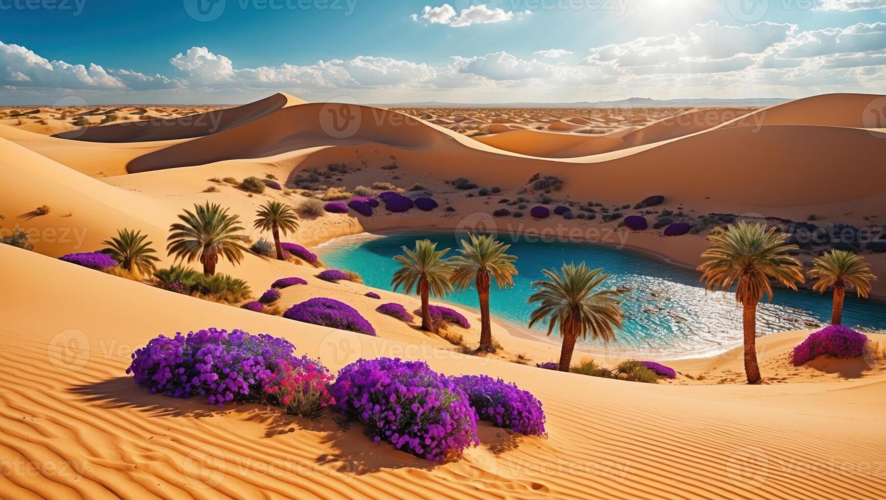 Desert Oasis Scene with Palm Trees, Sand Dunes, and Purple Flowers photo