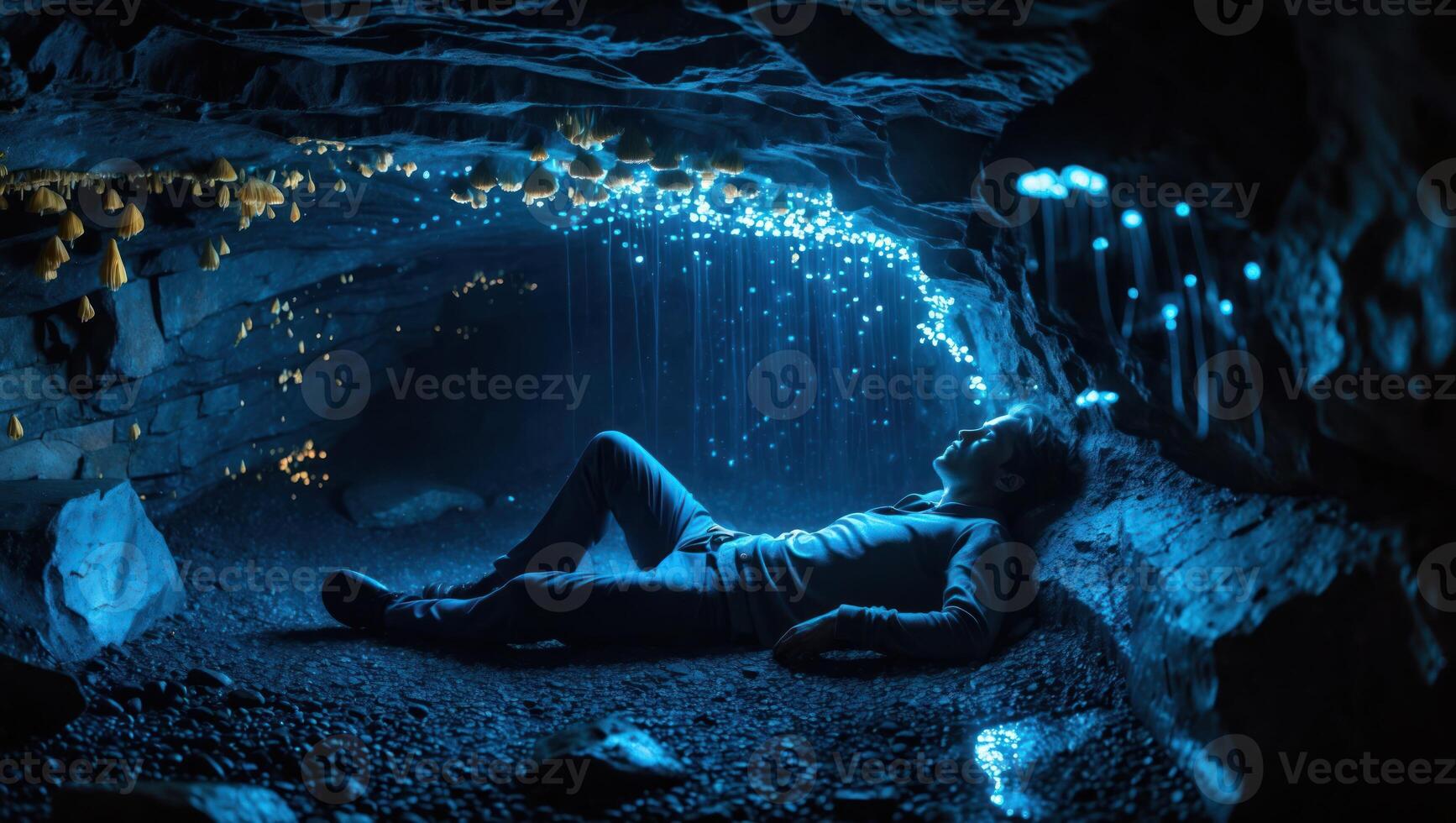 Person Relaxing in Cave with Bioluminescent Glowworms for Peaceful Moment photo