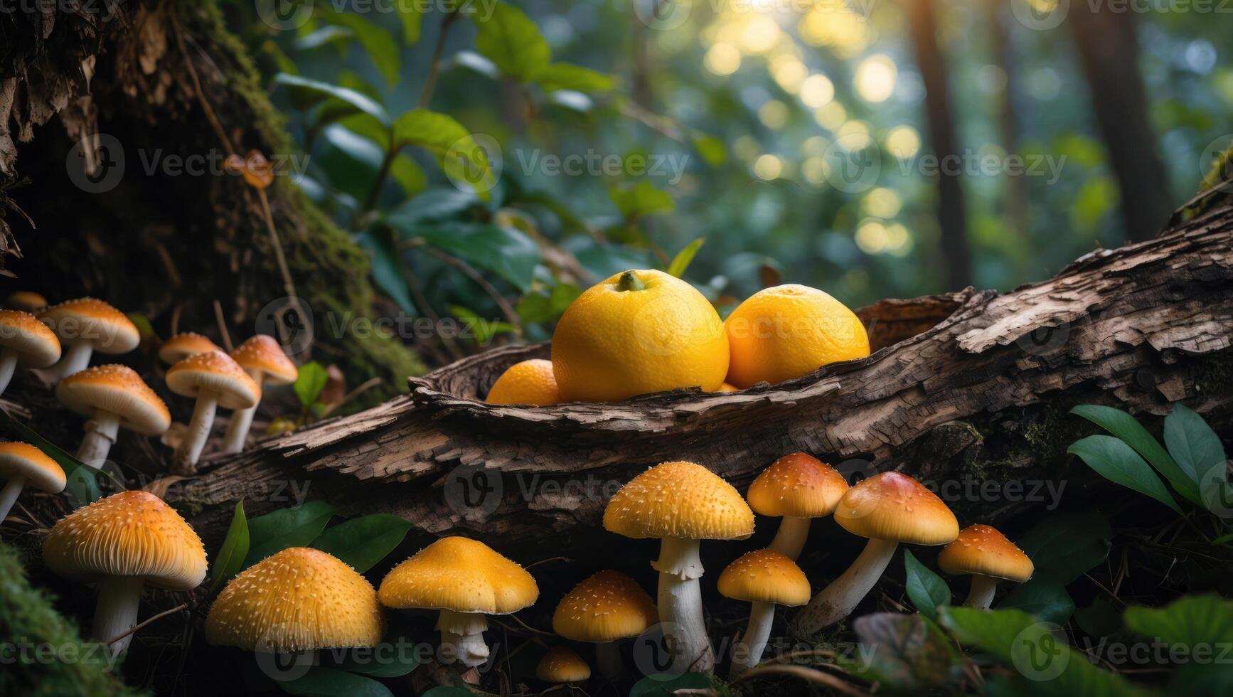 Mushrooms and Citrus Fruits Arrangement in Forest Scene with Sunlight photo