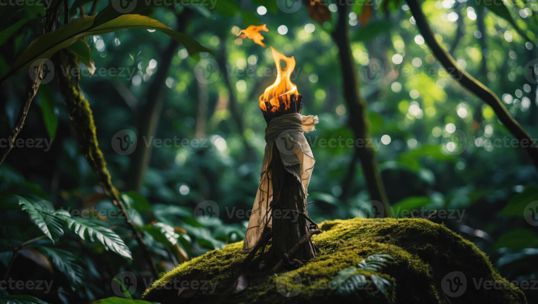 Burning Torch on Mossy Rock in Lush Green Forest Scene photo