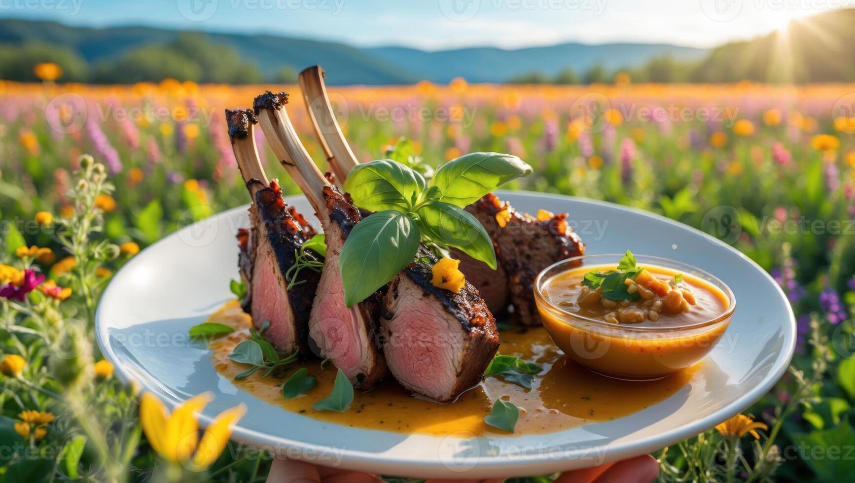 Grilled Lamb Chops Served with Sauce in a Flower Meadow photo