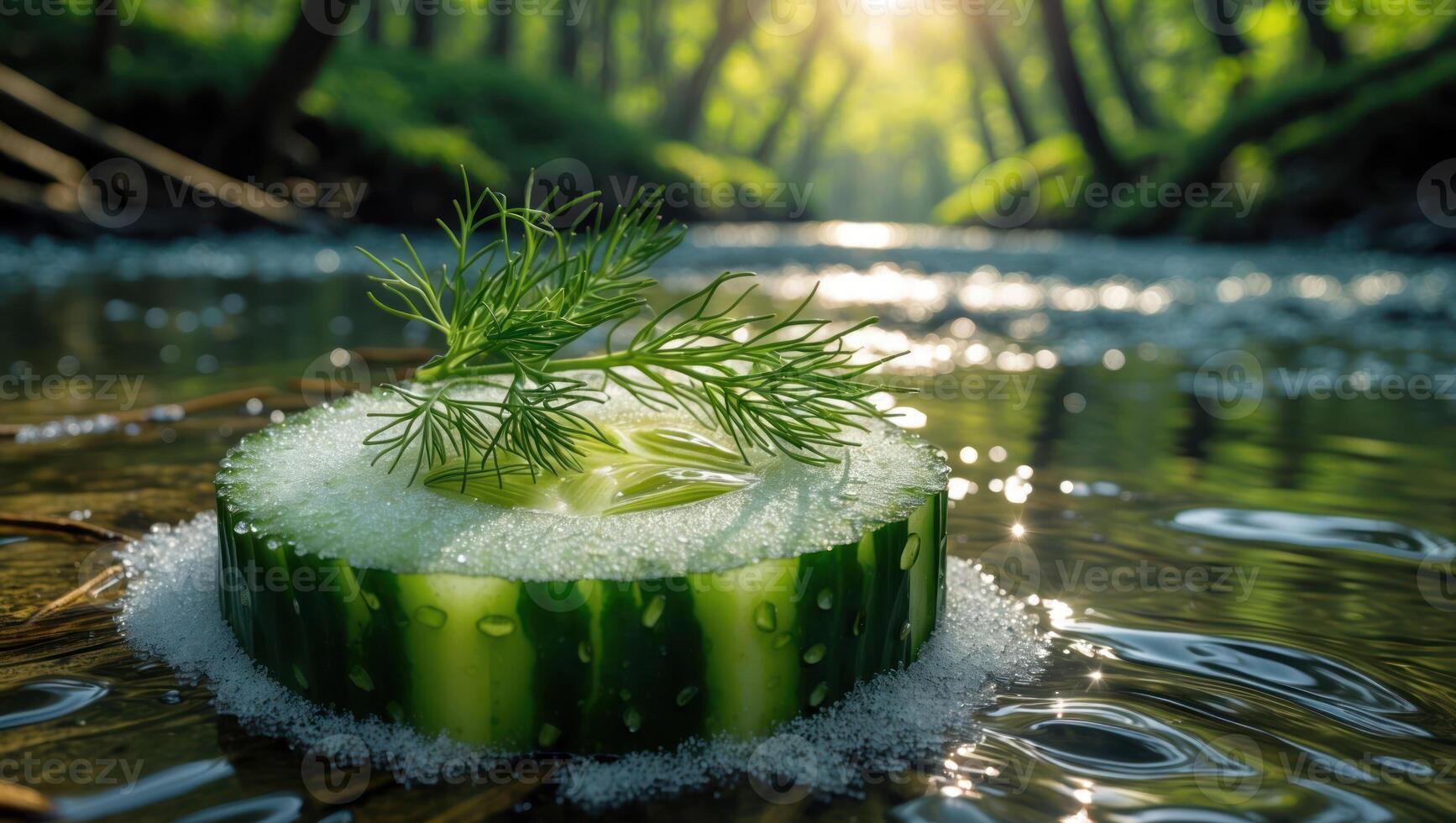 Cucumber Slice with Dill on Riverbank Refreshing Food Concept photo