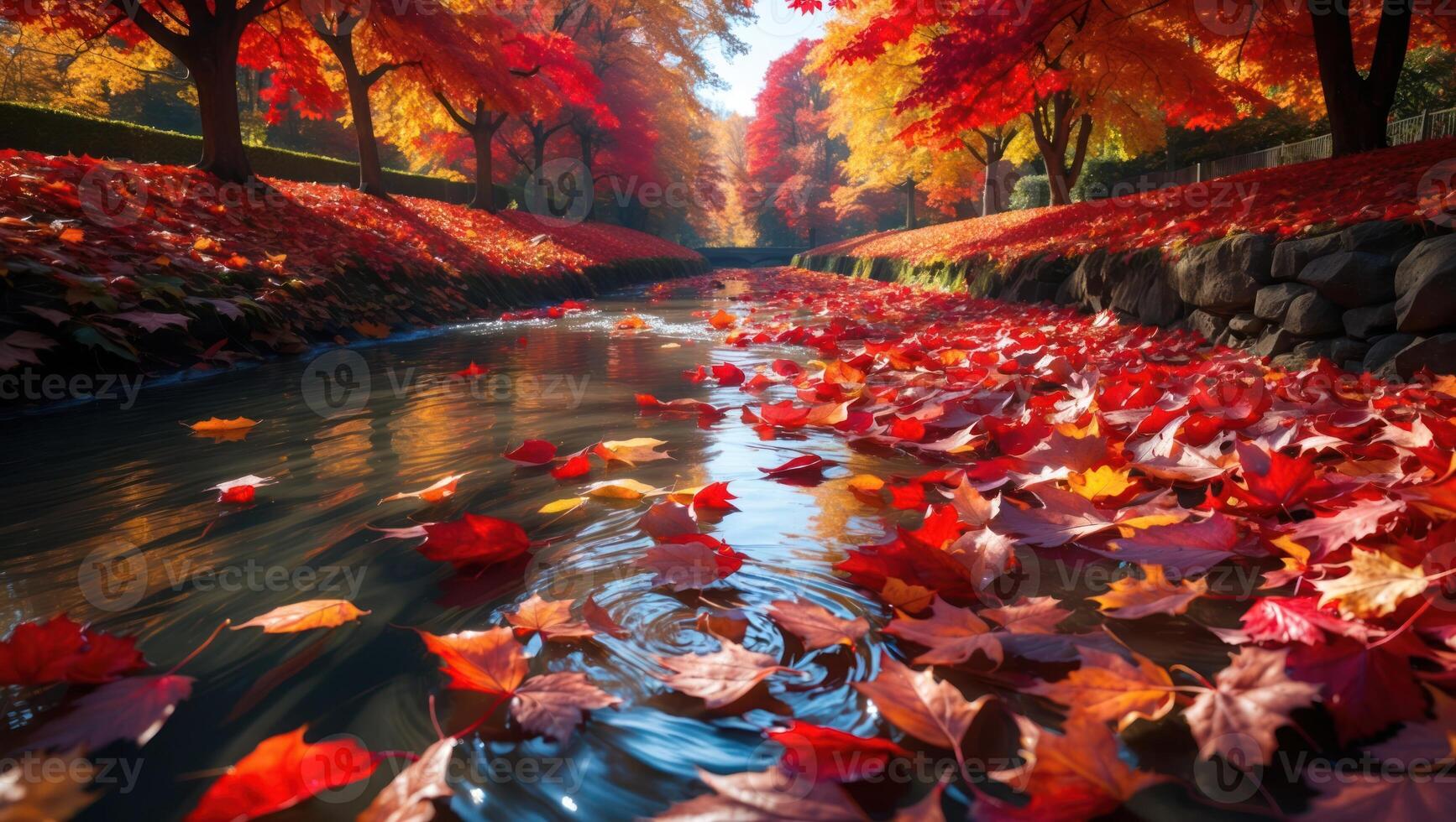 Stream Flowing Through Autumn Landscape with Colorful Leaves and Trees photo