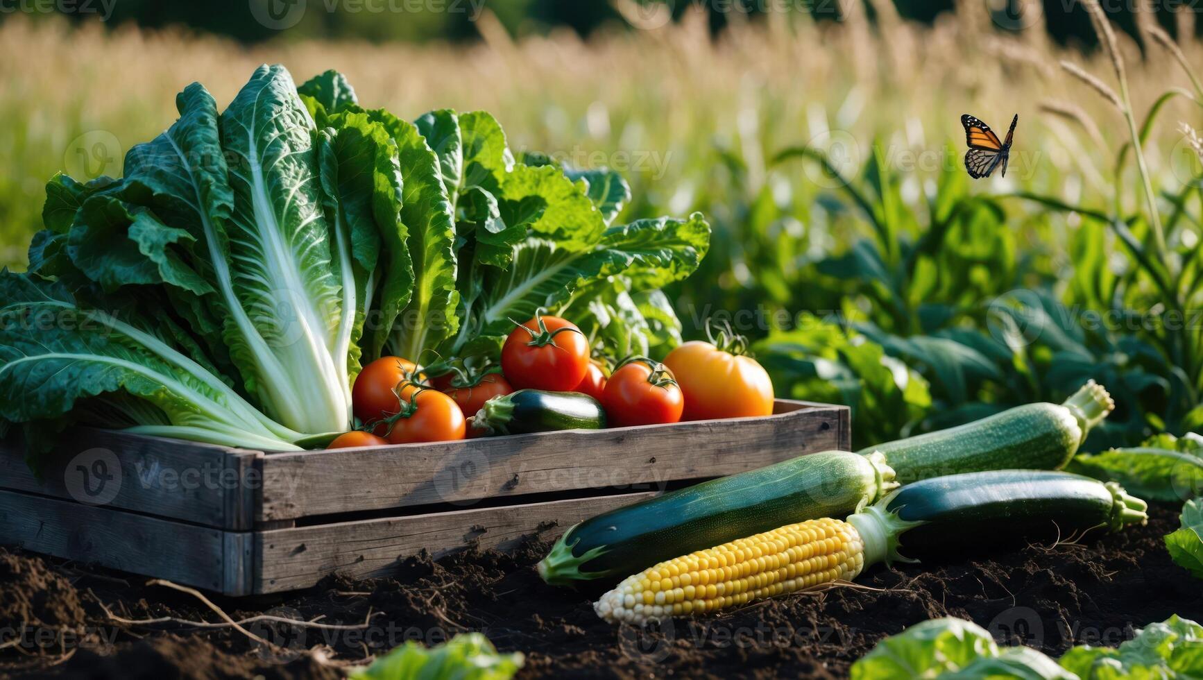 Fresh Harvest of Vegetables and Corn in a Garden Setting photo