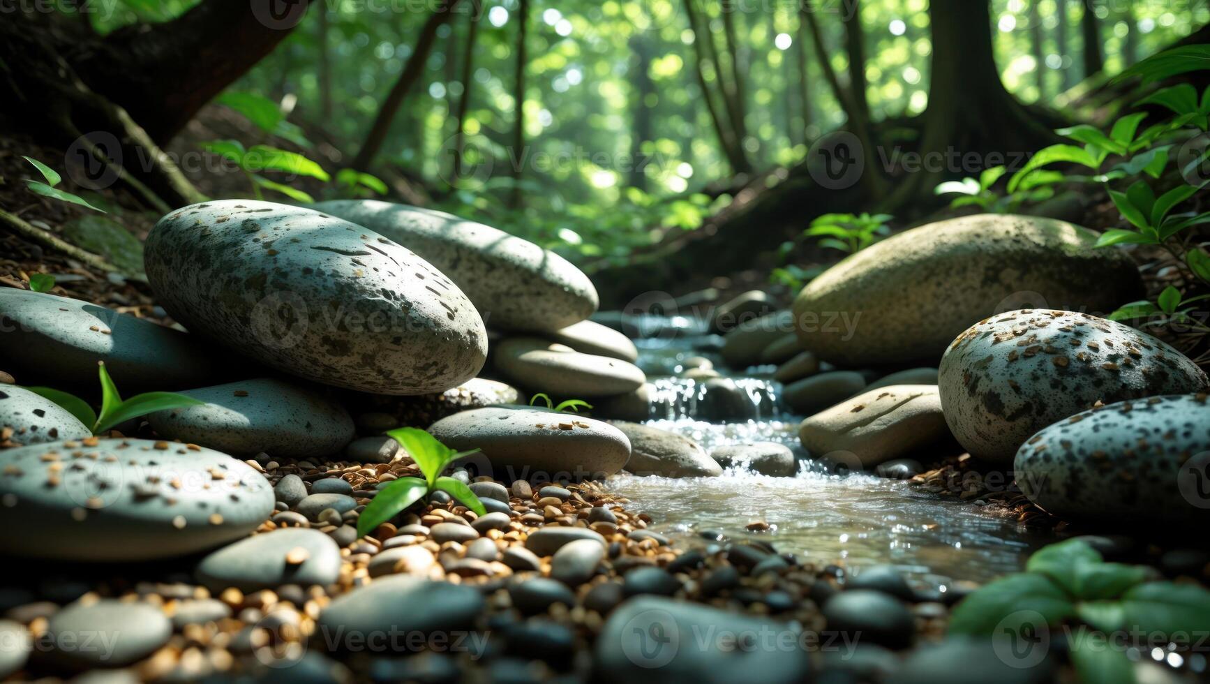 Stream Flowing Through Forest Rocks and Greenery Creates Peaceful Scene photo