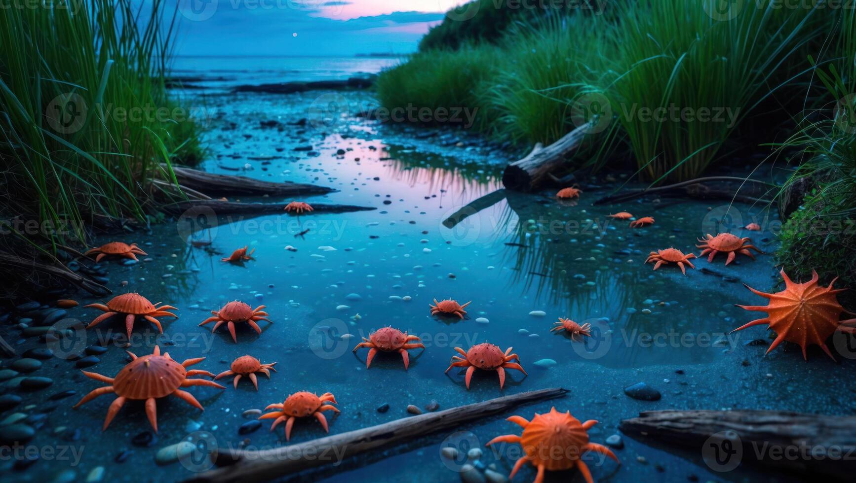 Crabs in Water with Grassy Banks at Twilight Natural Landscape photo