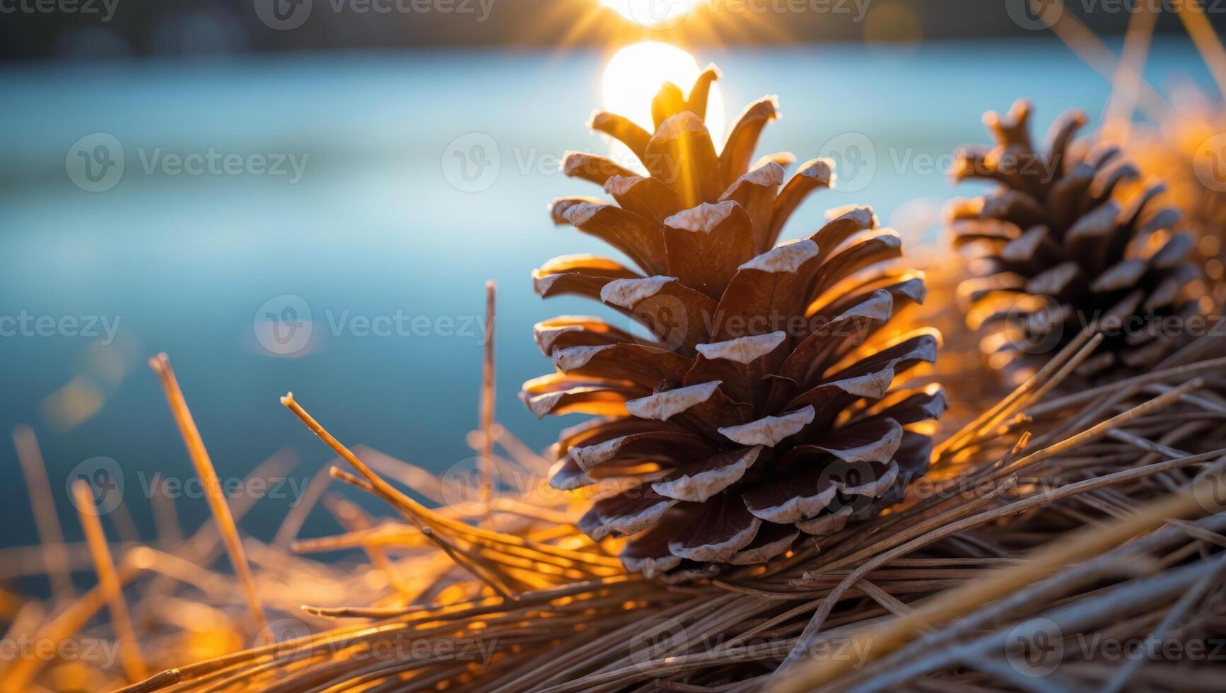 Pine Cones in Golden Light with Lake Background Autumn Nature photo