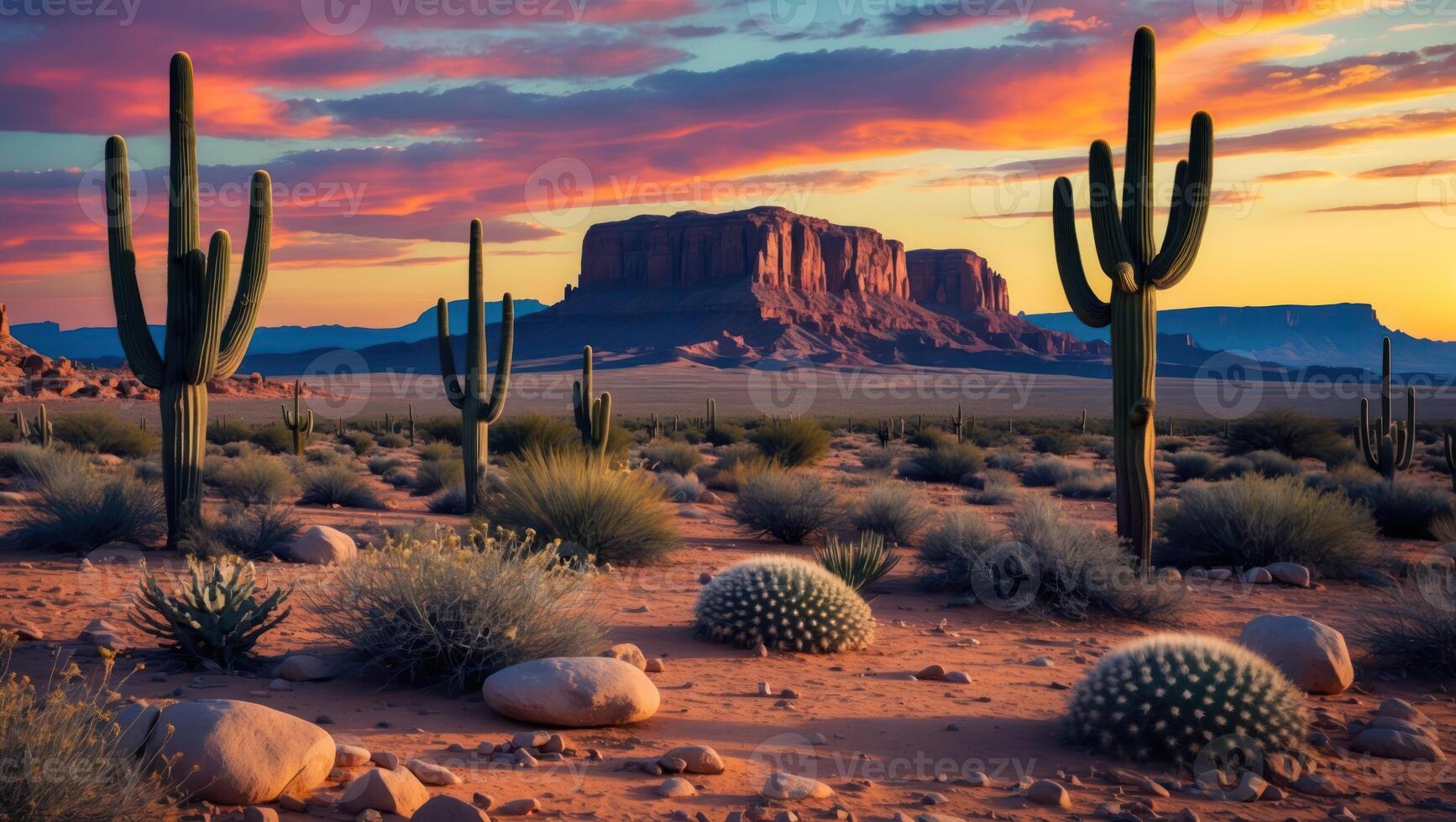 Majestic Desert Landscape at Sunset Featuring Cacti and Red Rock photo