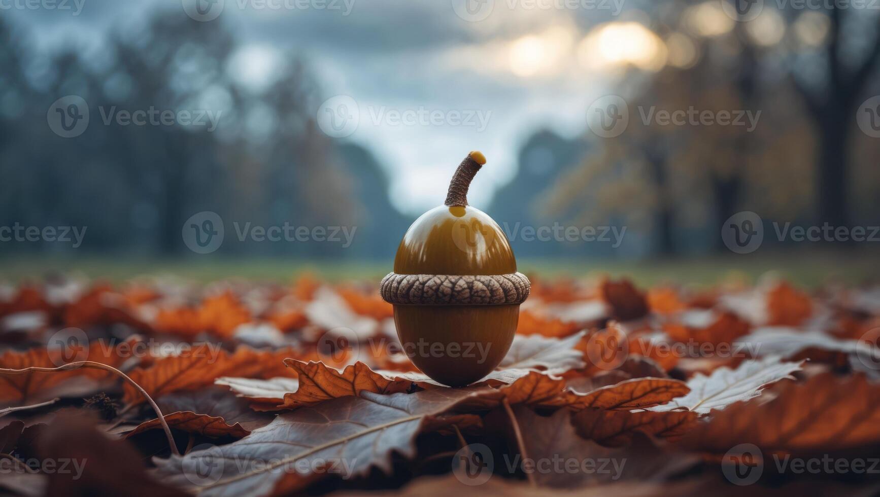 Acorn Standing Among Fallen Leaves in a Park During Autumn photo