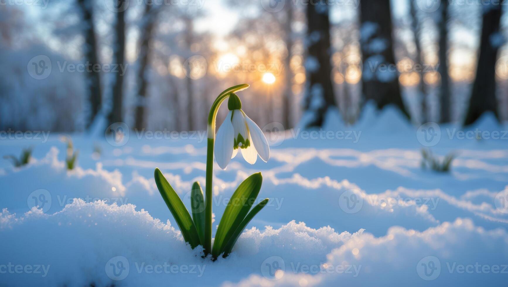 Snowdrop Flower Blooming in Winter Snow at Golden Sunset photo