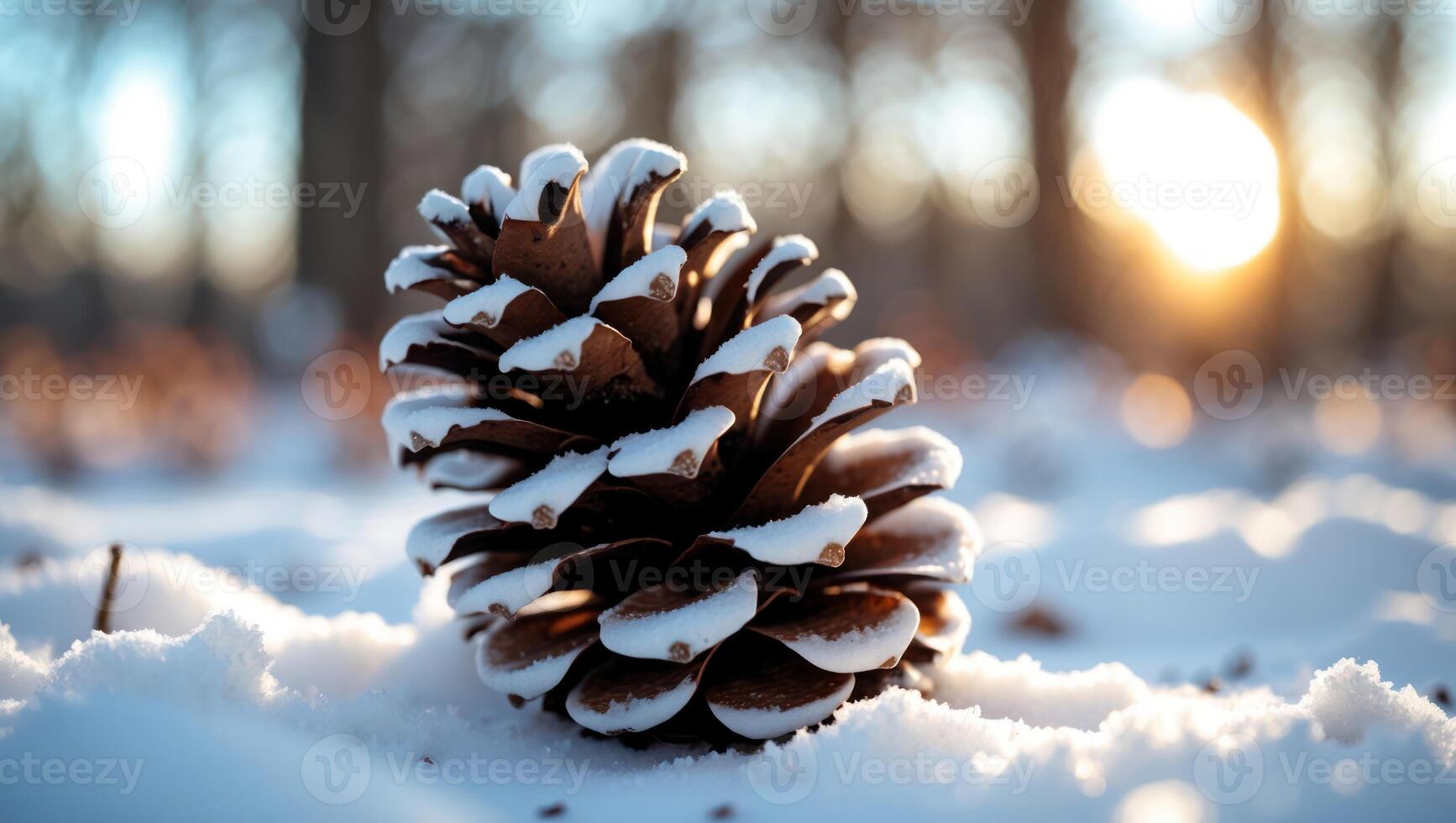 Snowy Pine Cone Lies in Winter Landscape with Soft Sunlight photo