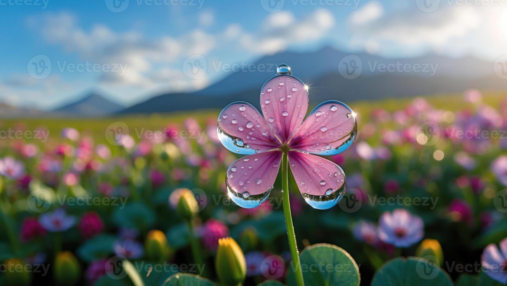Pink Flower with Water Droplets in a Blooming Mountain Meadow photo