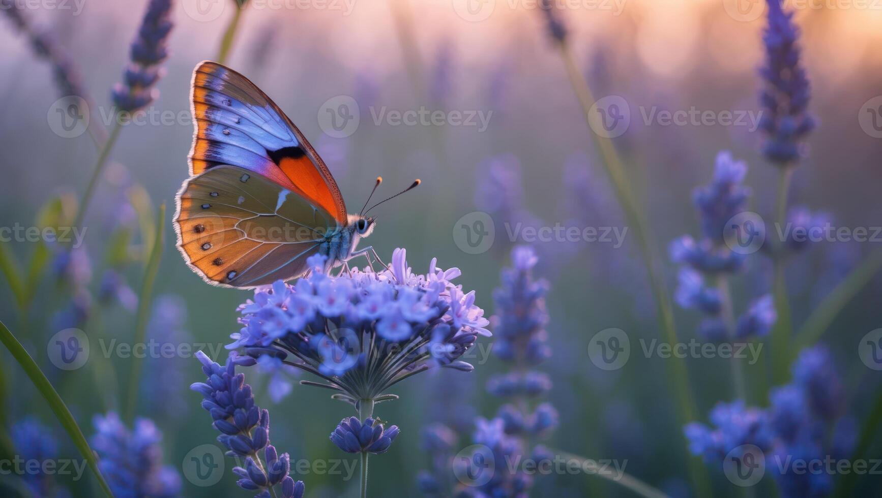 Butterfly Resting on Lavender Flower in a Tranquil Garden Setting photo