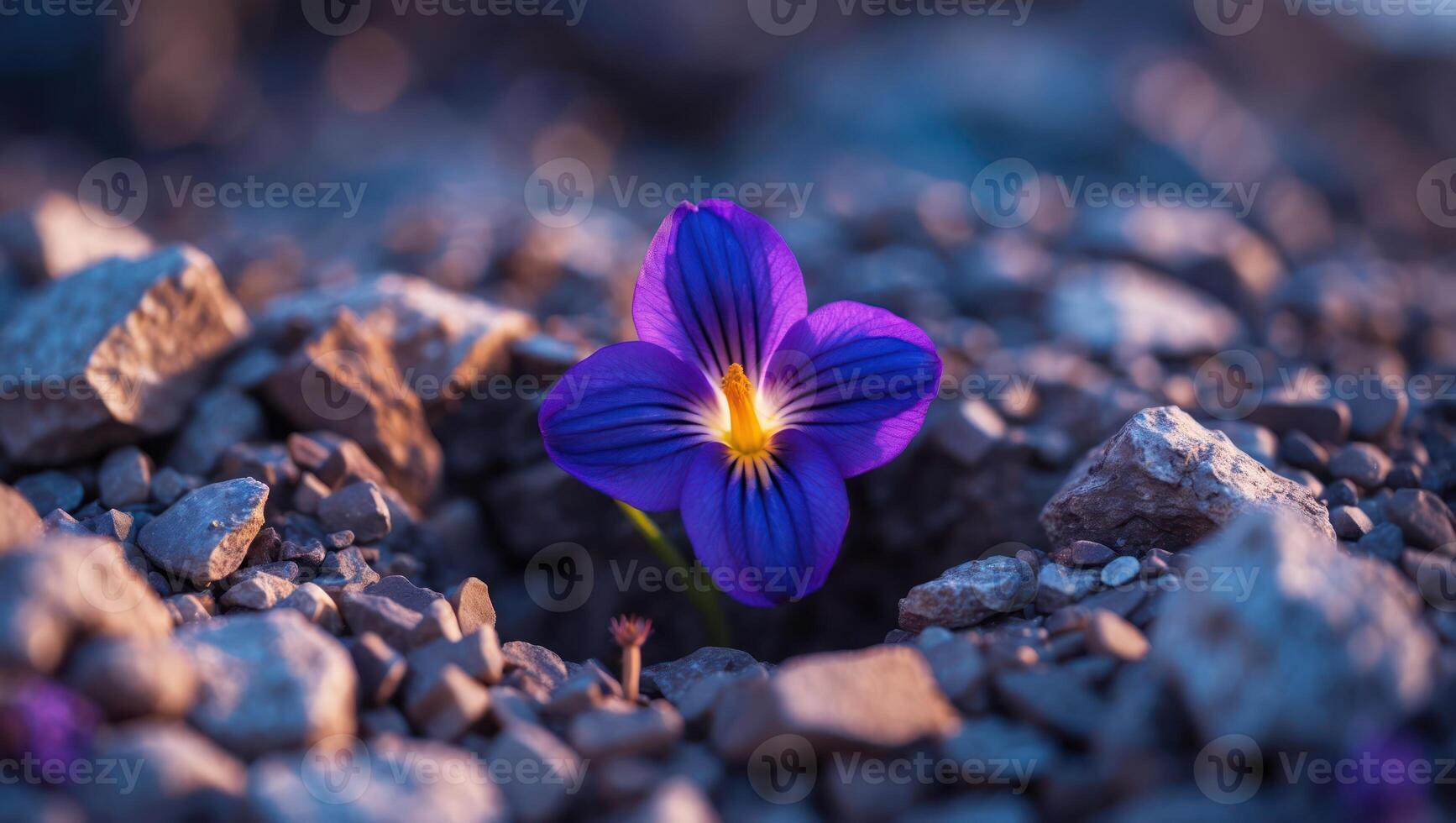 Blooming Violet Flower Among Rocks Shows Resilience and Hope Concept photo