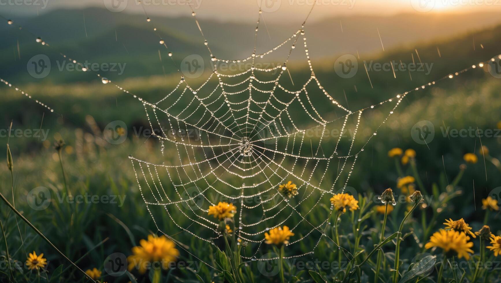 Spiderweb with Dew Drops Shines in a Meadow at Sunrise photo