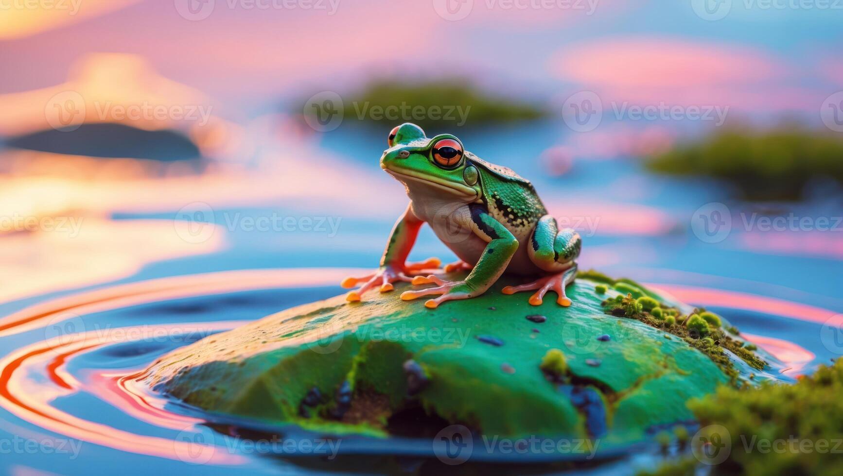 Frog Resting on Lily Pad in Pond with Reflections at Sunset photo