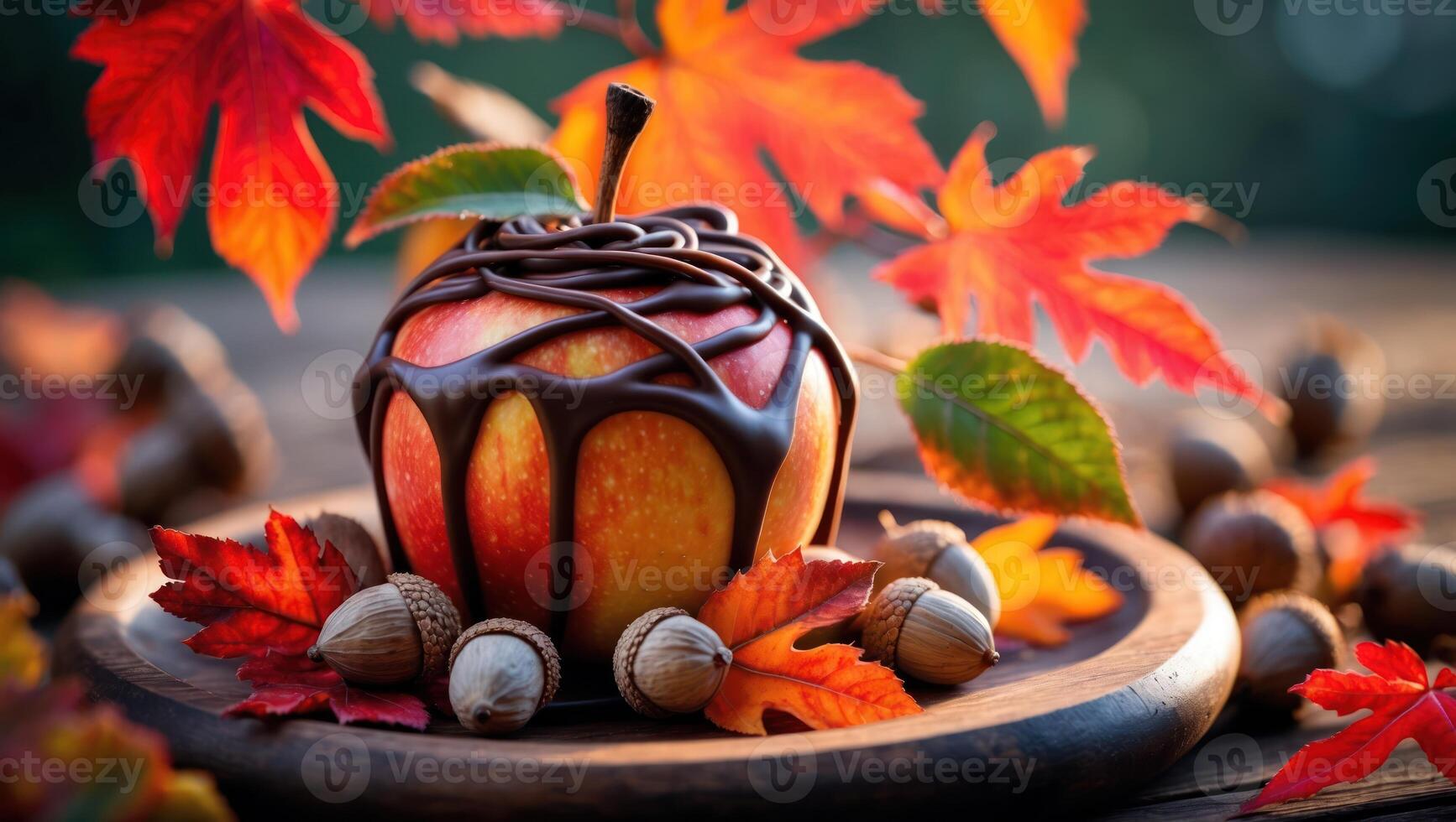 Caramel Apple with Chocolate Drizzle Surrounded by Colorful Autumn Leaves photo