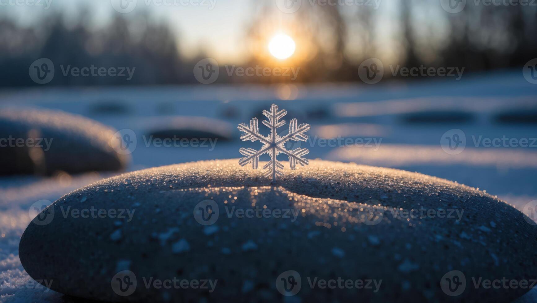 Snowflake on Stone at Sunset Winter Landscape Scene photo