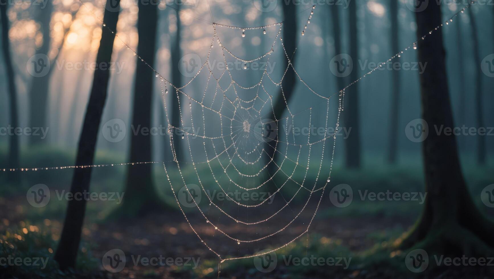 Spiderweb with Dew Drops in a Forest at Dawn Light photo
