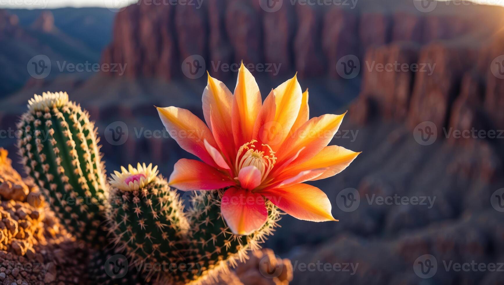 Blooming Cactus Flower at Sunset Overlooking a Scenic Desert Canyon photo
