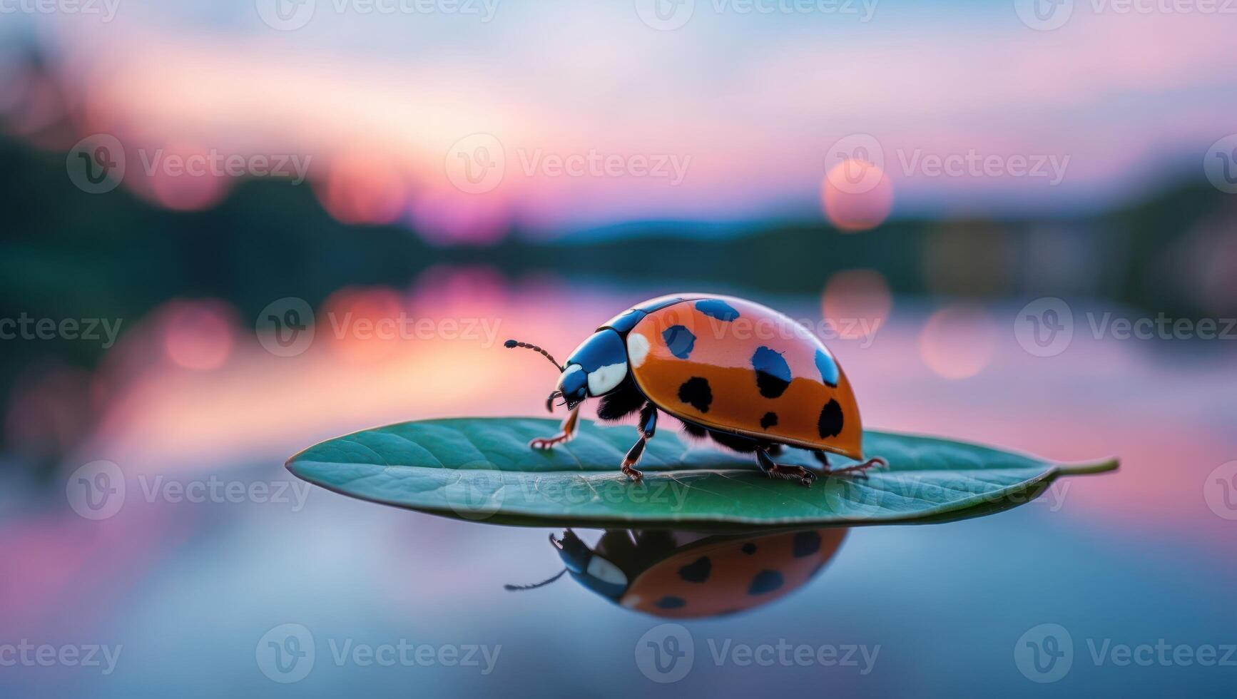 Ladybug Resting on Leaf Reflecting on Water Surface at Sunset photo