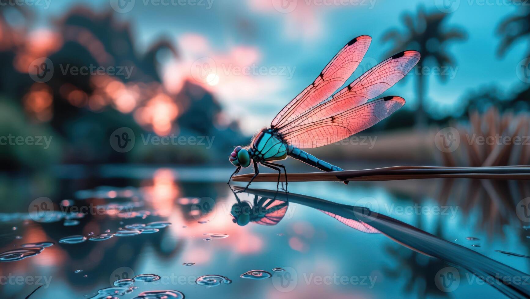 Dragonfly Resting on Reed Reflecting in Water at Colorful Sunset photo