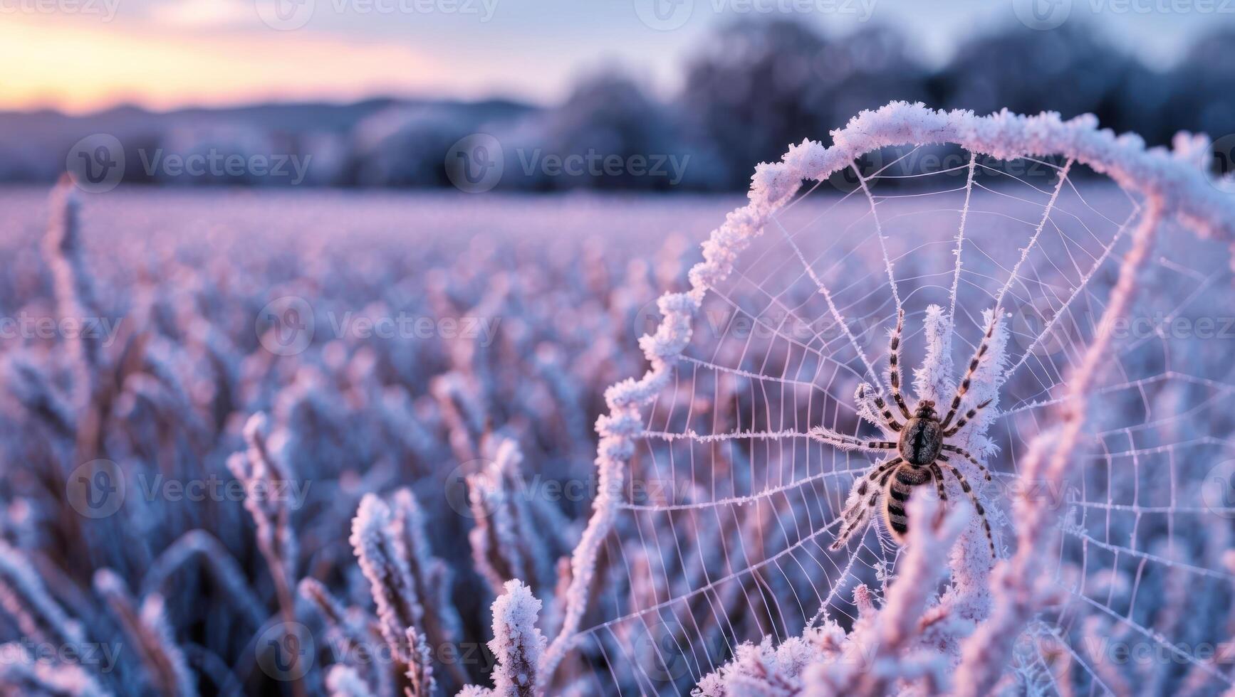 Spider Resting on Frozen Web in Frosted Field at Sunrise photo