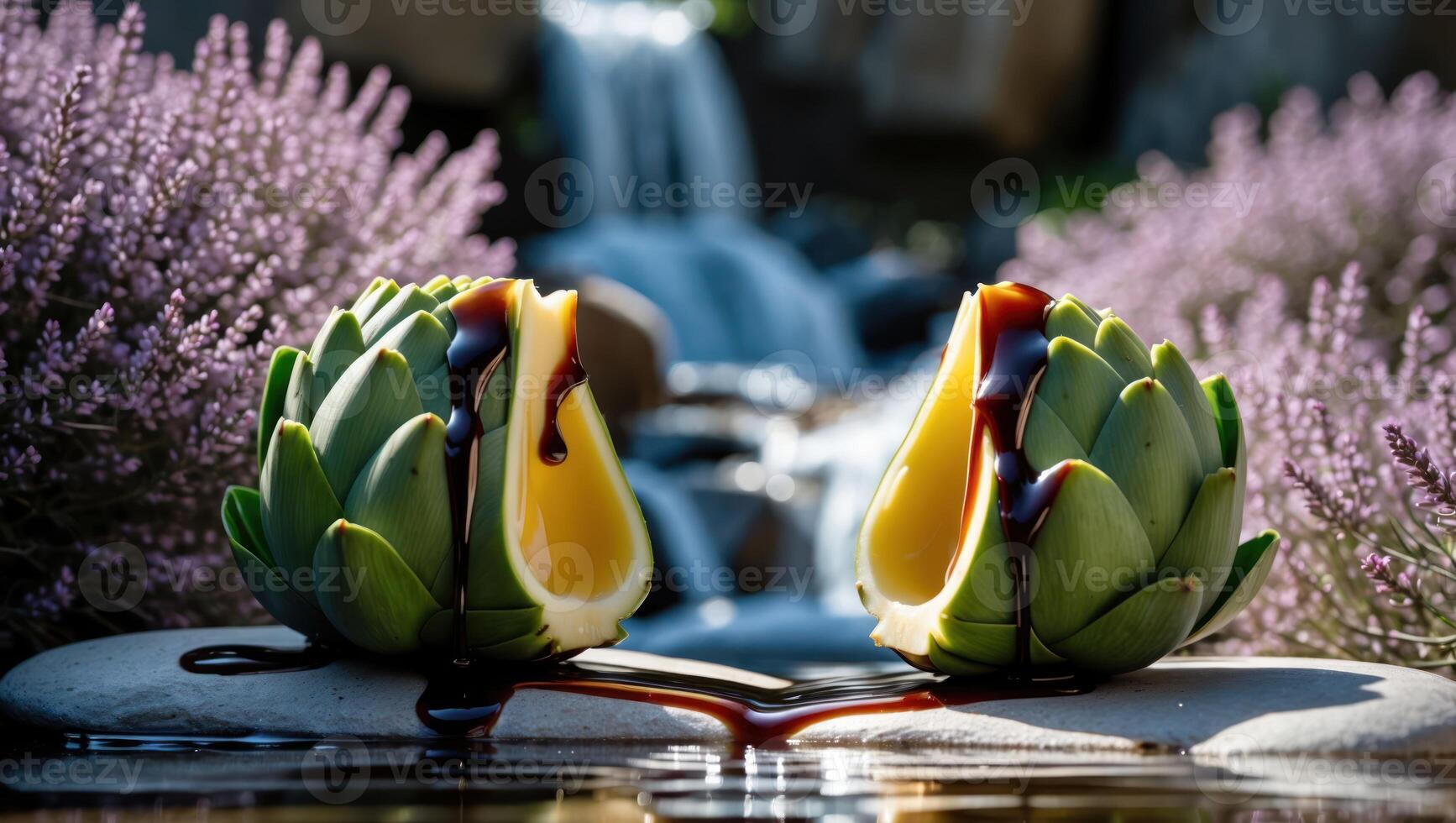 Artichokes with Drizzle Beside Waterfall and Lavender in Nature Setting photo