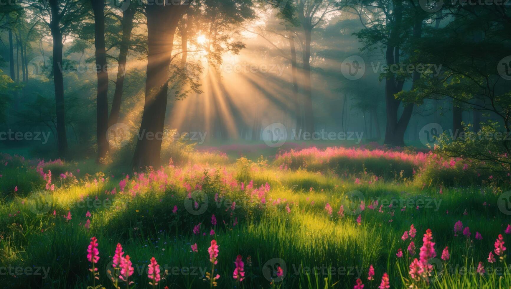 Sun Rays Shining Through Trees in a Forest Meadow with Flowers photo
