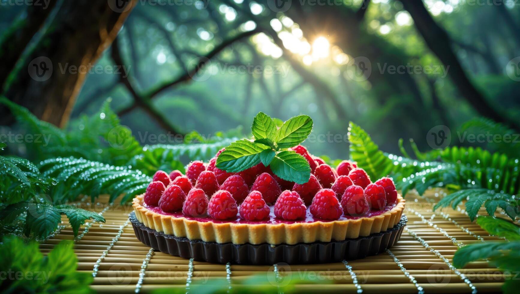 Raspberry Tart with Mint Garnishing Displayed in Forest Setting photo