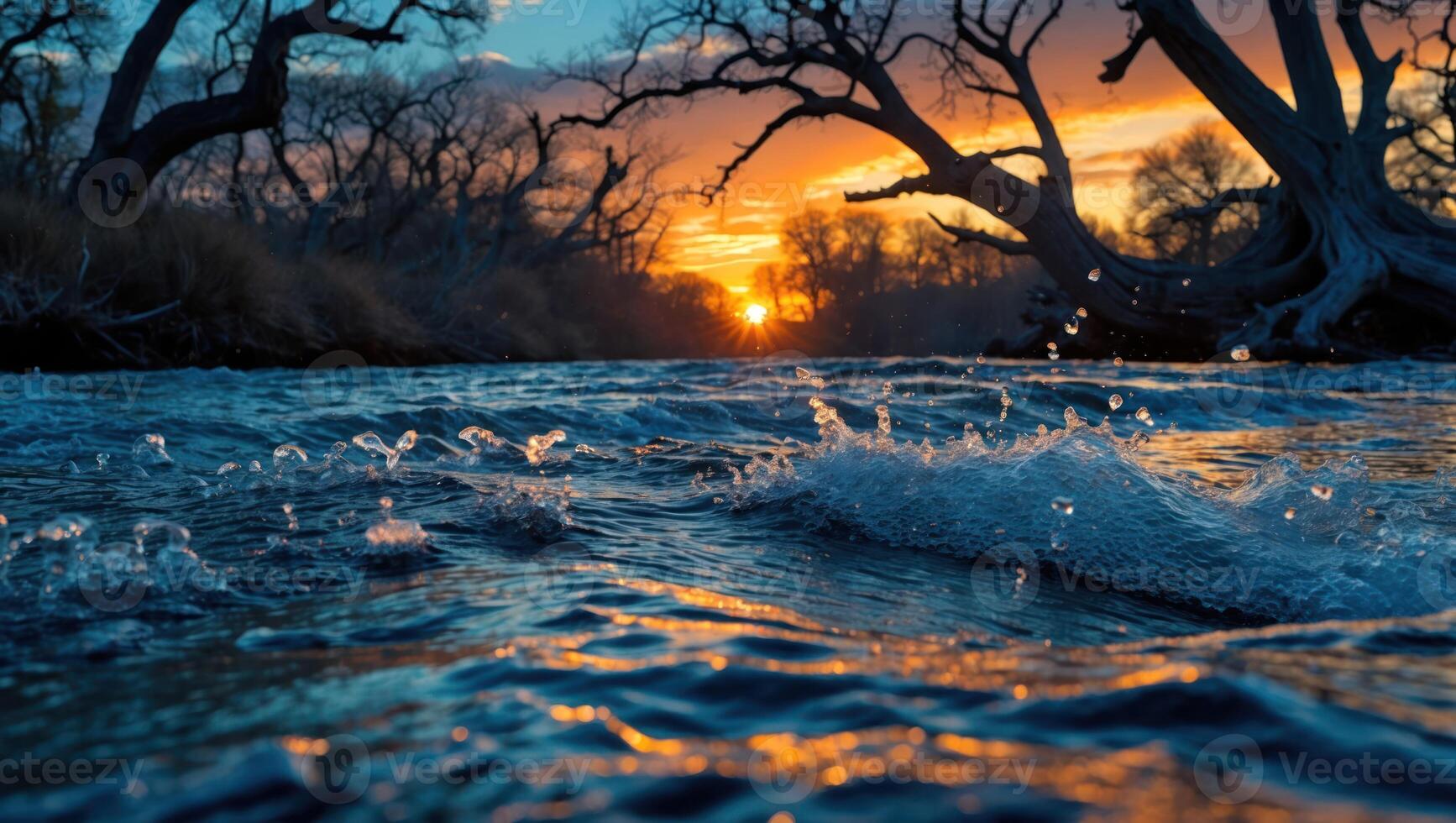 River Flowing at Sunset with Bare Trees and Vibrant Sky photo