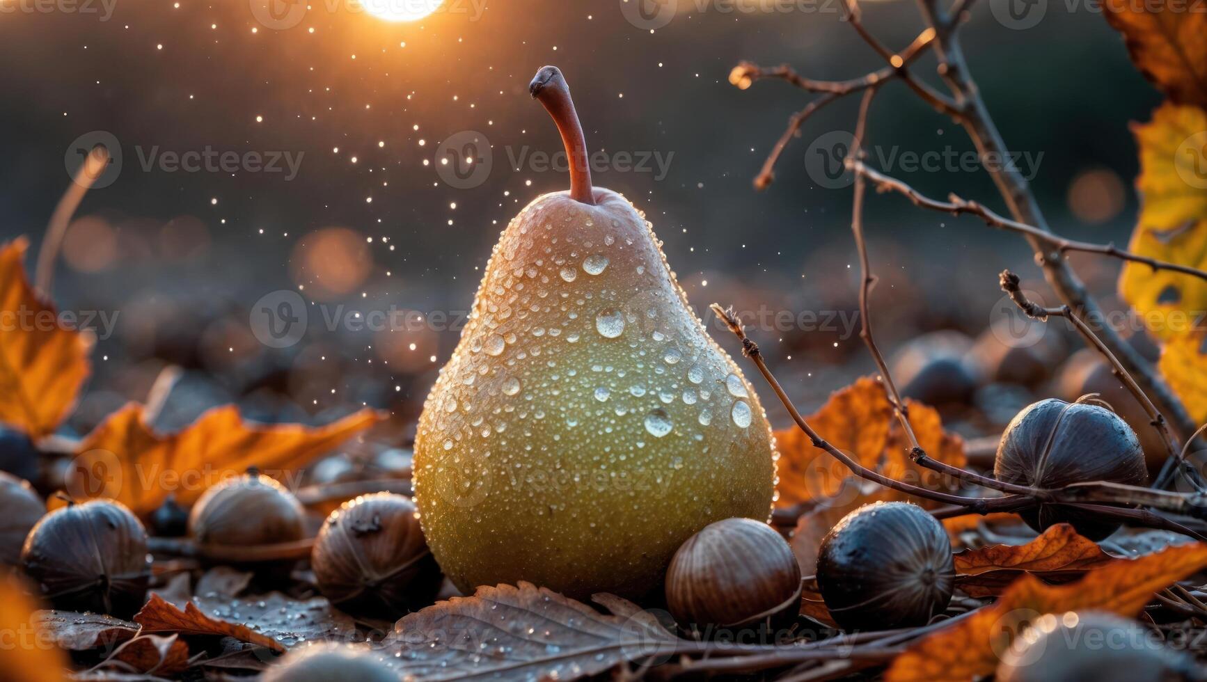 Pear with Water Droplets Among Autumn Leaves and Hazelnuts photo