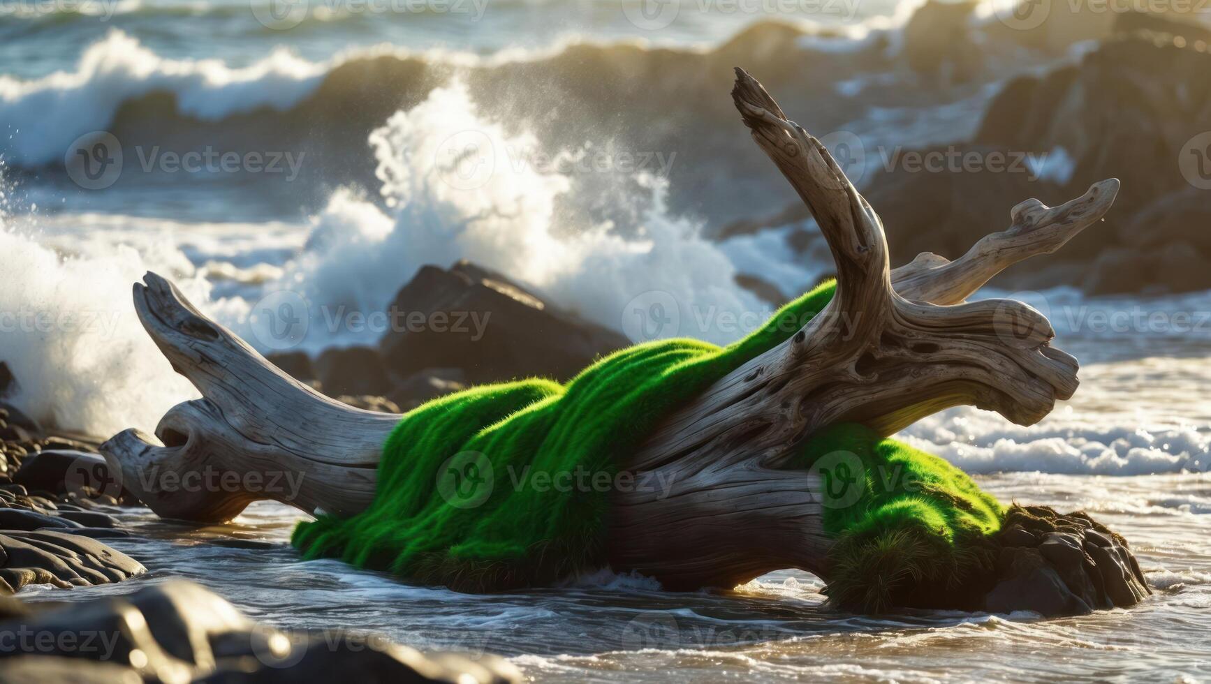 Driftwood with Moss on Rocky Beach Shoreline As Waves Crash photo