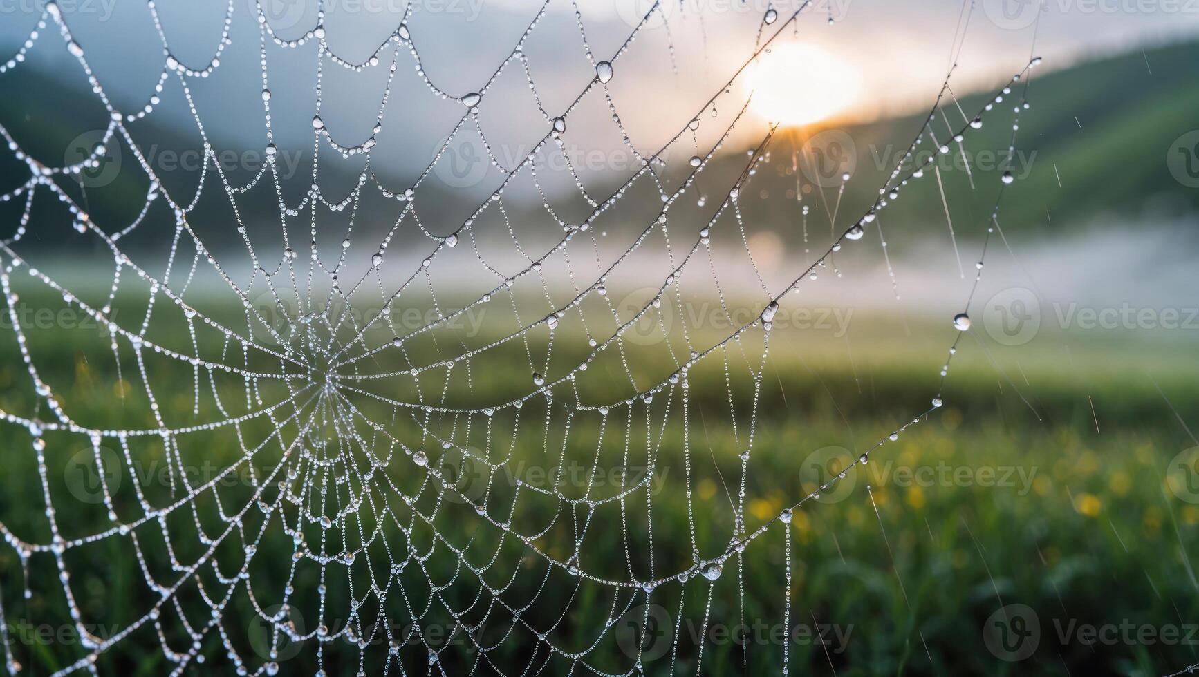 Spiderweb Covered with Dew Drops Shines in the Morning Light photo
