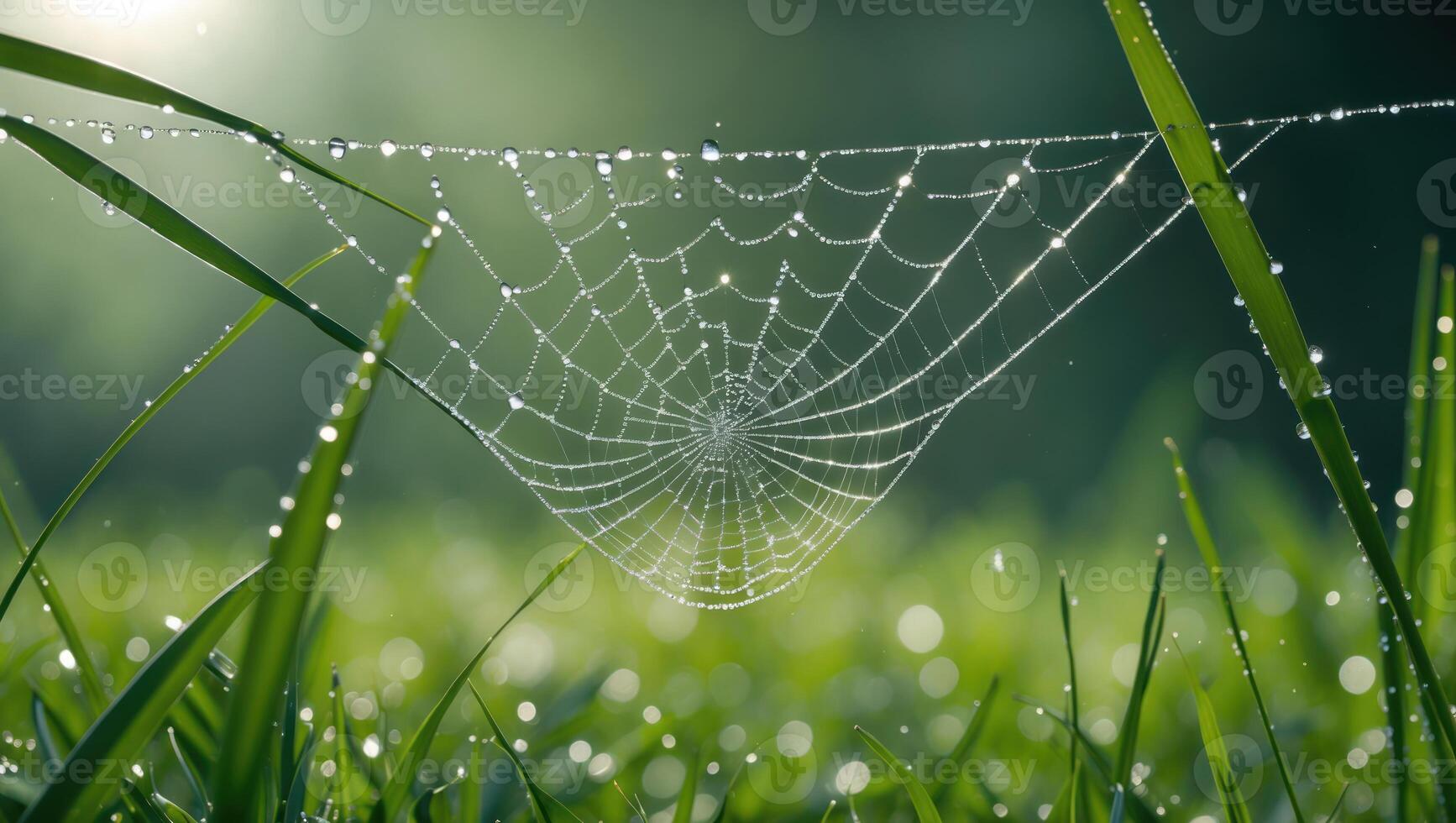 Sparkling Dew Drops on Spiderweb Hanging Between Blades of Grass photo
